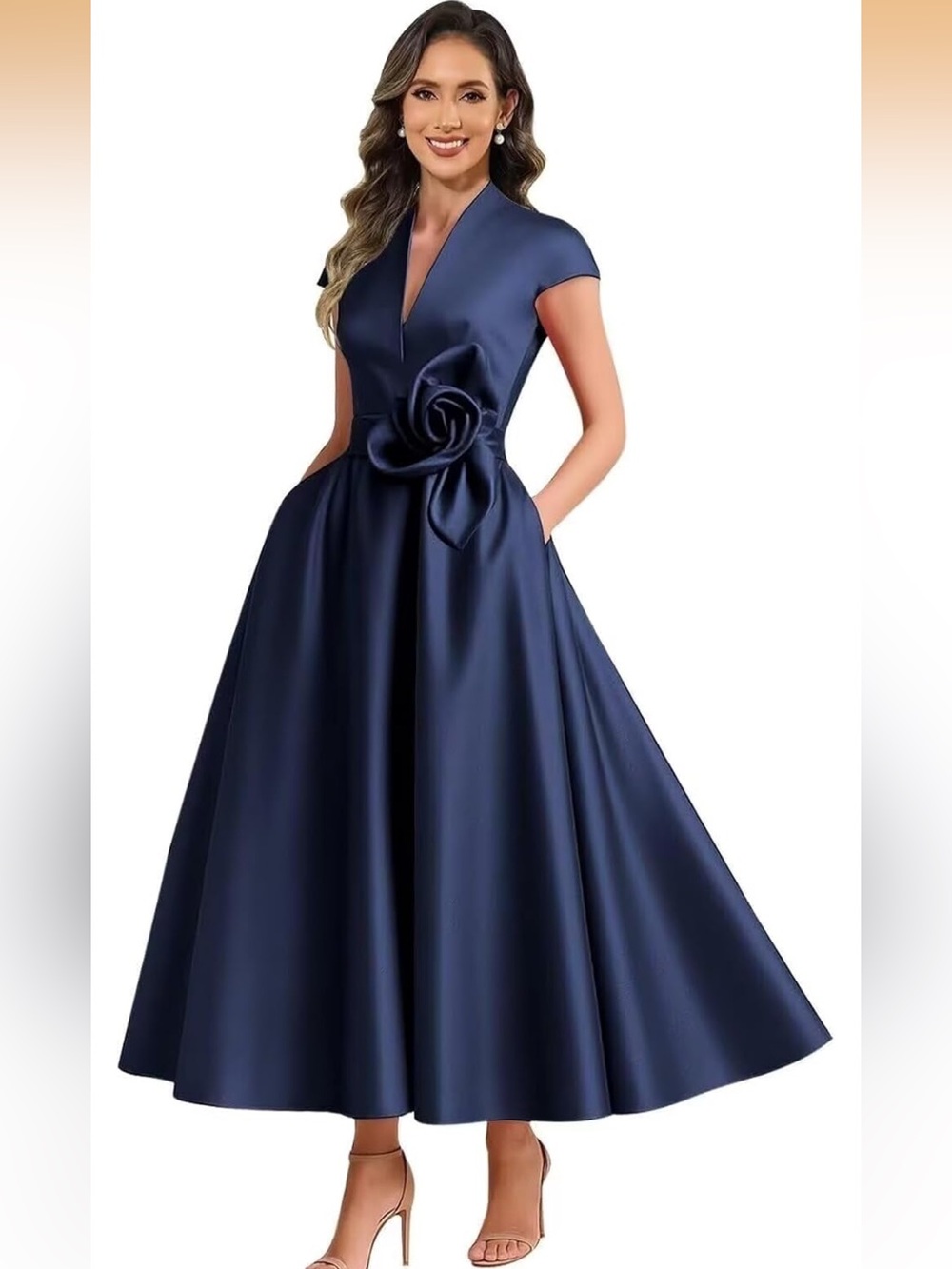 Navy Satin Midi Dress with Rosette Waist